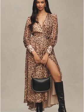Anthropologie Bardot Luciana Leopard Print Wrap Maxi Dress - SZ 6 NWT Brown